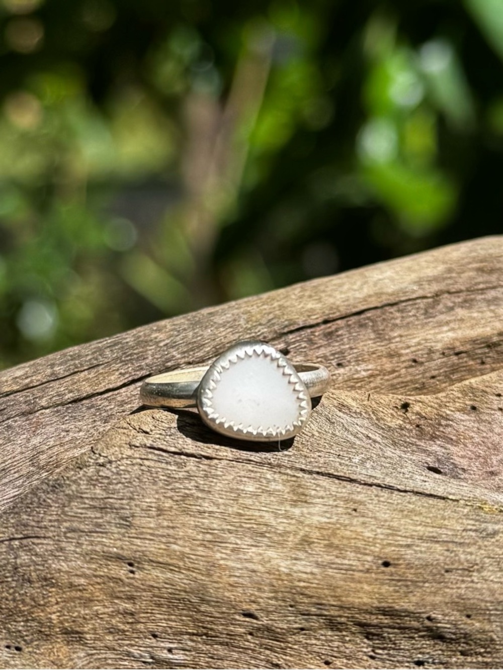 White milk glass sea glass sterling & fine silver band